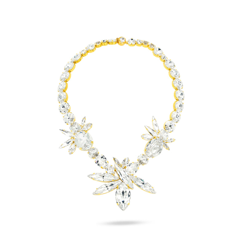 Diamond clear Luxury crystal gold‑plated statement necklace with Austrian crystals — perfect for weddings, evening events, bridal elegance, and refined classic old‑money style; handcrafted one‑of‑a‑kind jewelry by SILDARE Jewelry