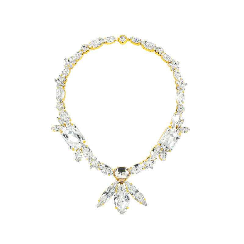 Diamond clear Luxury crystal gold‑plated statement necklace with Austrian crystals — perfect for weddings, evening events, bridal elegance, and refined classic old‑money style; handcrafted one‑of‑a‑kind jewelry by SILDARE Jewelry