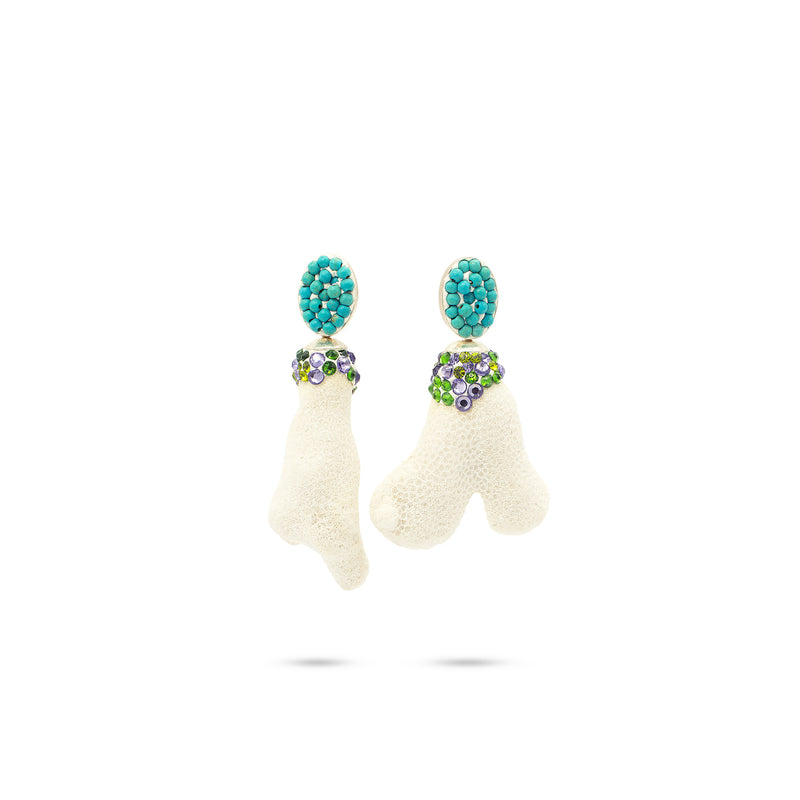 Luxury White blue sterling‑silver coral earrings with high‑precision Austrian crystals and natural coral–turquoise gemstones — perfect for weddings, evening events, bridal elegance, and refined classic old‑money style; handcrafted one‑of‑a‑kind jewelry by SILDARE Jewelry