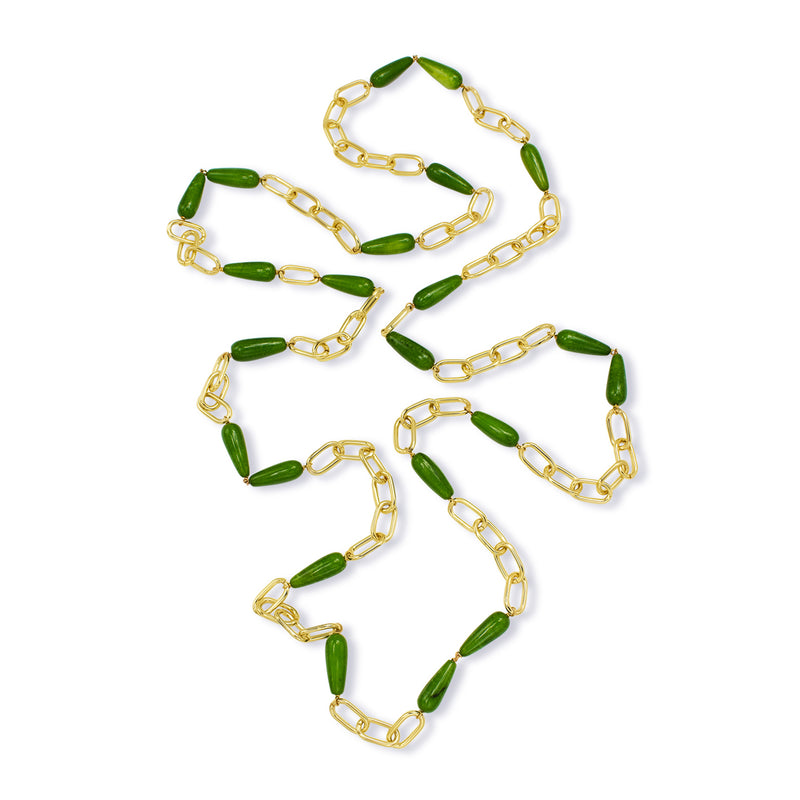 Luxury gold‑tone natural reen agate HÉRITAGE chain necklace with soft sculptural contours and luminous green‑white gemstone detailing — quiet radiance, modern artistic elegance, intimate poetic presence; perfect for refined occasions, evening looks, gallery events, and elevated daytime style; handcrafted one‑of‑a‑kind jewelry by SILDARE Jewelry