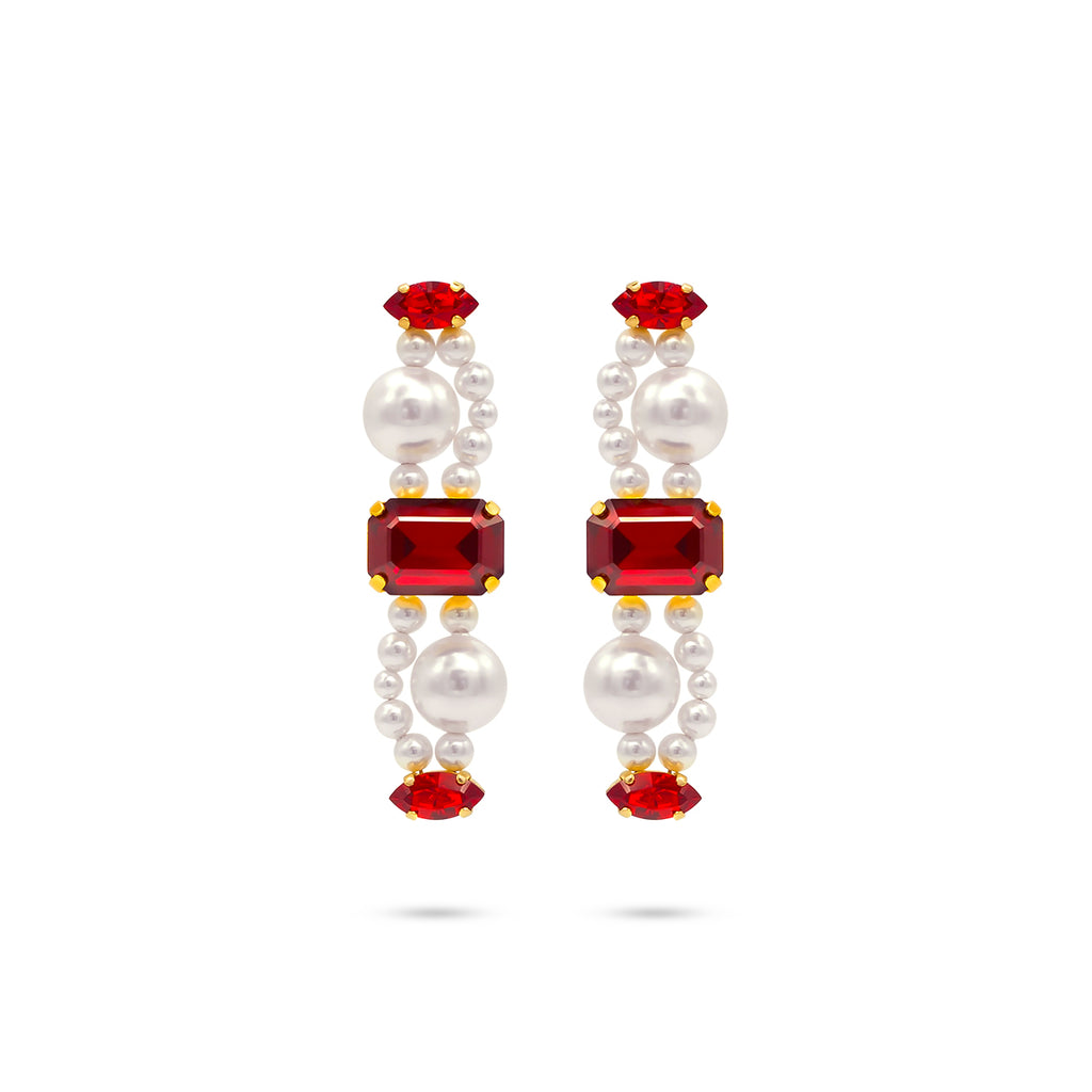 Colored white and red Swarovski crystals, pearls, 24k gold plated earrings