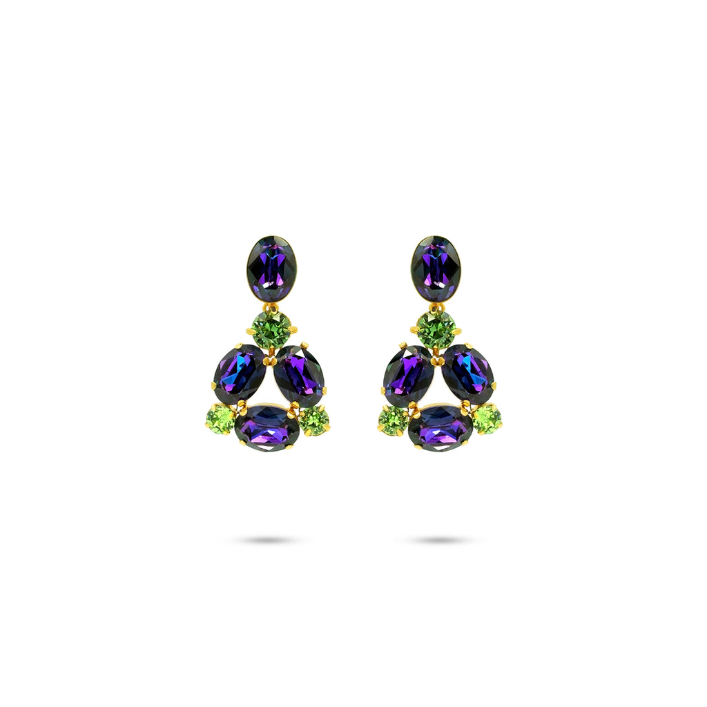 Bold floral statement earrings with multicolored Austrian crystals in green, purple tones, set in gold-plated base - Sildare Jewelry. Eye-catching and vibrant.