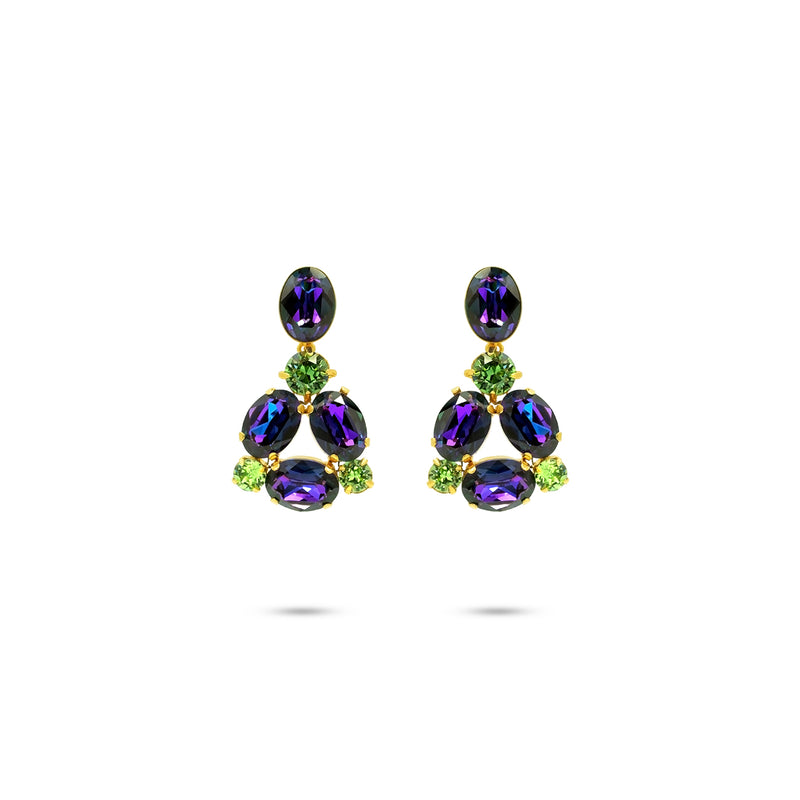 Bold floral statement earrings with multicolored Austrian crystals in green, purple tones, set in gold-plated base - Sildare Jewelry. Eye-catching and vibrant.