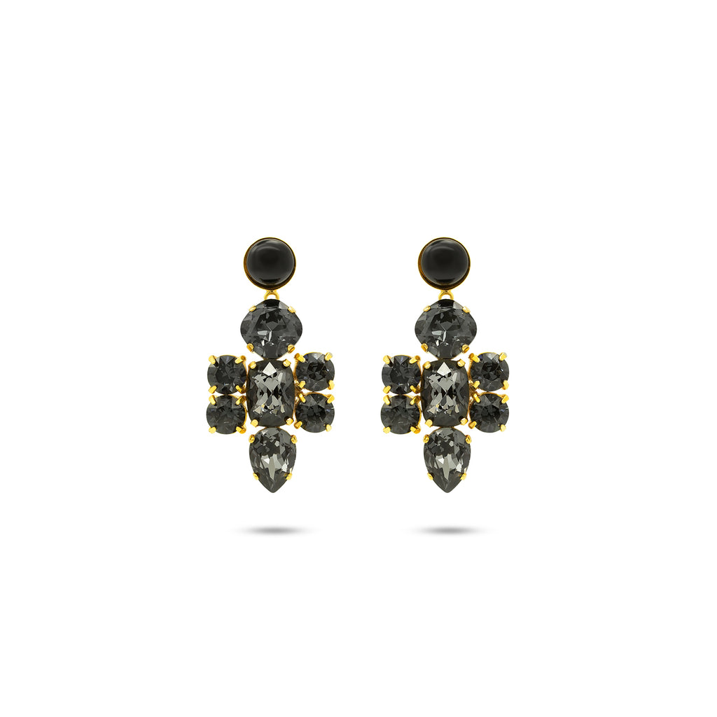Graphite gray Swarovski crystals, Onyx gemstone, 24k Gold plated earrings