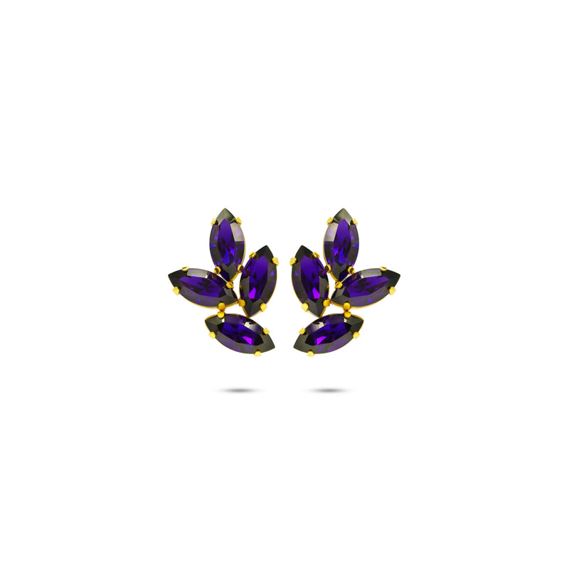 Bold floral statement earrings with Austrian crystals in purple tone, set in gold-plated base - Sildare Jewelry. Eye-catching and vibrant.