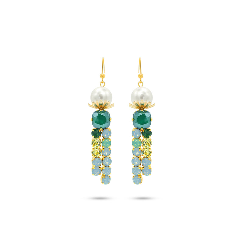 Bold floral statement earrings with Austrian crystals and pearls in green, white tone, set in gold-plated base - Sildare Jewelry. Eye-catching and vibrant.