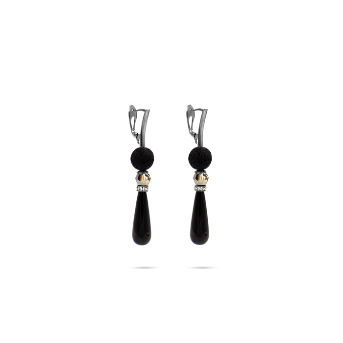 Luxury black lava agate drop statement earrings with refined metallic detailing — bold contrast, deep tones, quiet elegance, refined feminine strength; perfect for weddings, evening events, party outfits, and elevated night‑out looks; handcrafted one‑of‑a‑kind jewelry by SILDARE Jewelry