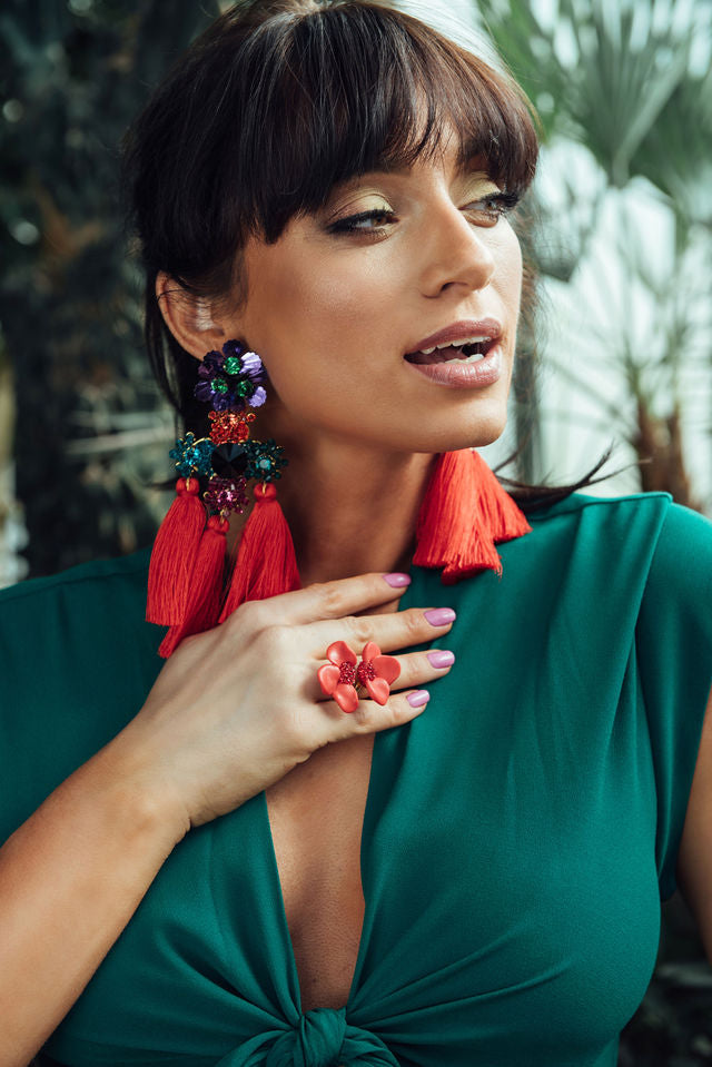 Luxury gold‑plated sterling silver red magnolia‑inspired crystal ring — soft floral silhouette, luminous elegance, refined feminine grace; perfect for weddings, evening events, garden celebrations, party outfits, and elevated daytime looks; handcrafted one‑of‑a‑kind jewelry by SILDARE Jewelry