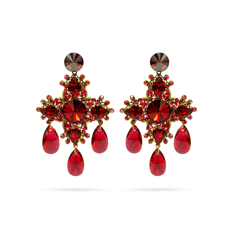 SILDARE JEWELRY Scarlet red Swarovski crystals  gold plated statement luxury big cross earrings handmade ootd