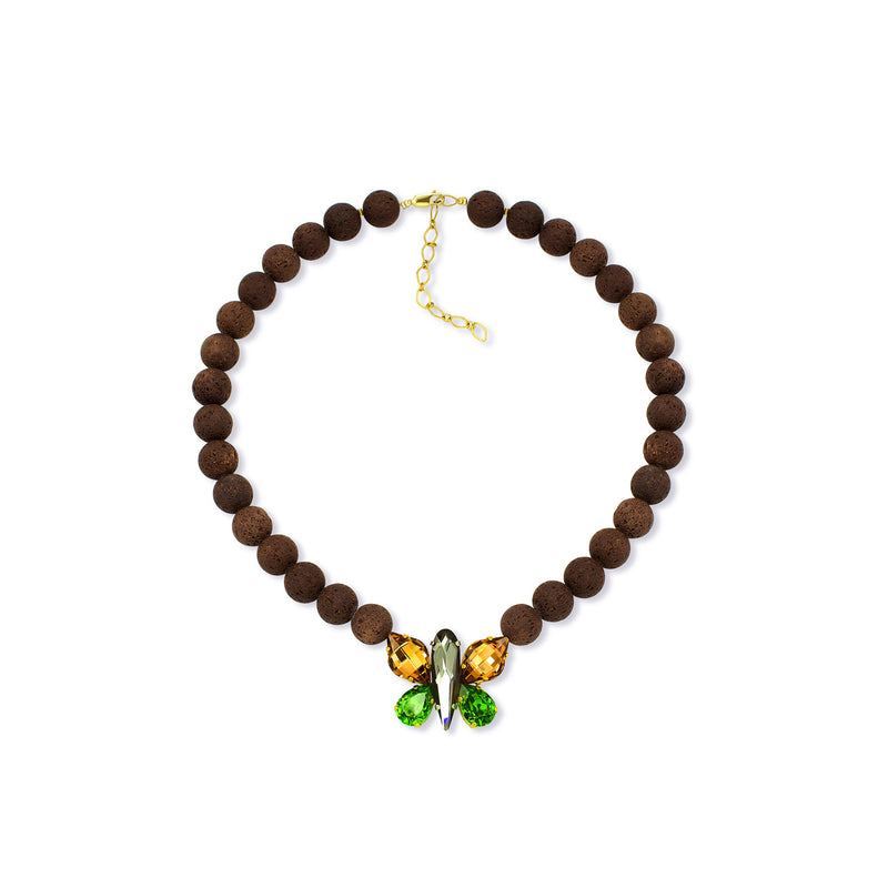 Braun beaded necklace with a floral butterfly pendant featuring green, gold, gray crystals in gold and silver tone – part of the Paradise Floral collection by Sildare Jewelry.