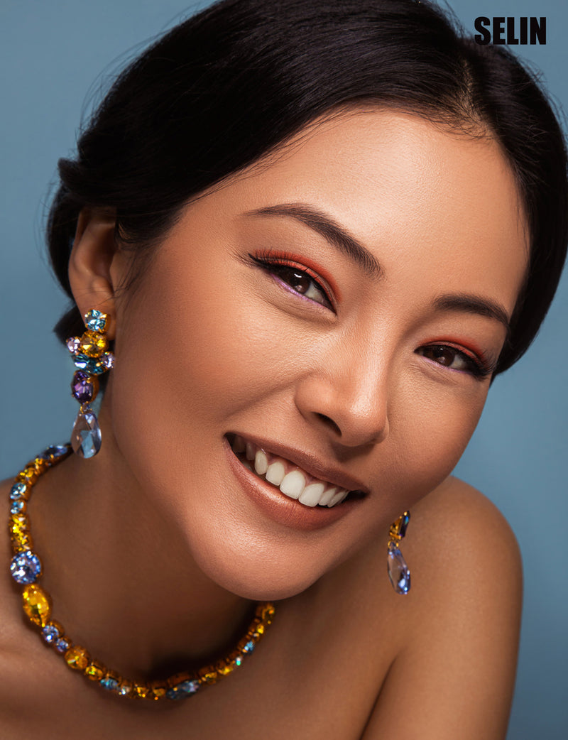 Yellow Blue Swarovski crystals, 24k gold plated necklace