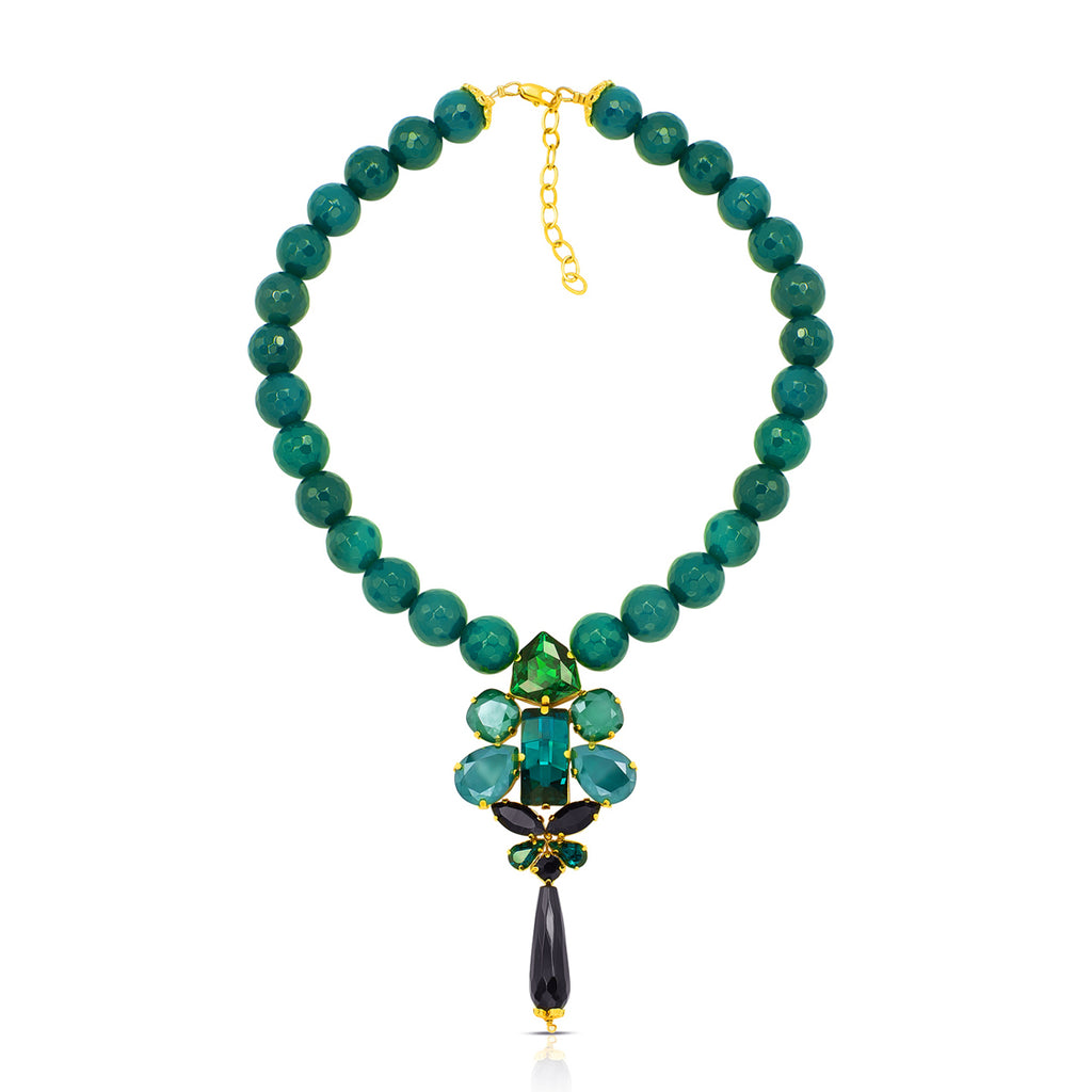 emerald green agate gemstone Swarovski crystal gold plated necklace