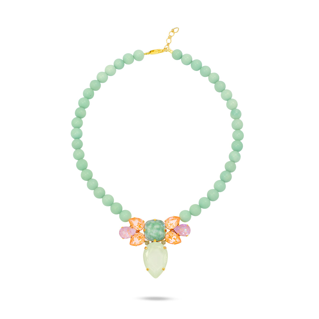 Luxury mint 24‑carat gold‑plated colorful statement necklace with high‑precision Austrian crystals and natural aquamarine gemstone — perfect for weddings, evening events, bridal elegance, and refined classic old‑money style; handcrafted one‑of‑a‑kind jewelry by SILDARE Jewelry