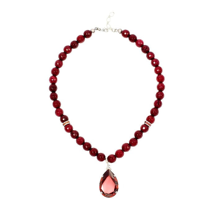 Luxury sterling‑silver red gemstone necklace with high‑precision Austrian crystals and natural agate gemstone — perfect for weddings, evening events, bridal elegance, and refined classic old‑money style; handcrafted one‑of‑a‑kind jewelry by SILDARE Jewelry