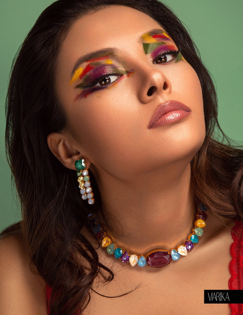 Luxury 24‑carat gold‑plated colorful crystal statement necklace with high‑precision Austrian crystals — minimalist sculptural design; handcrafted one‑of‑a‑kind jewelry by SILDARE Jewelry, vibrant statement necklace for refined feminine style
