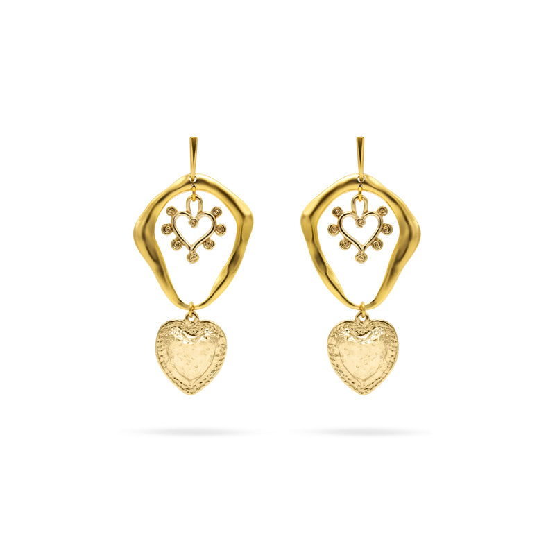 Luxury gold‑tone sculptural heart‑shaped HÉRITAGE earrings with soft contours and luminous detailing — quiet radiance, modern artistic elegance, intimate poetic presence; perfect for refined occasions, evening looks, gallery events, and elevated daytime style; handcrafted one‑of‑a‑kind jewelry by SILDARE Jewelry
