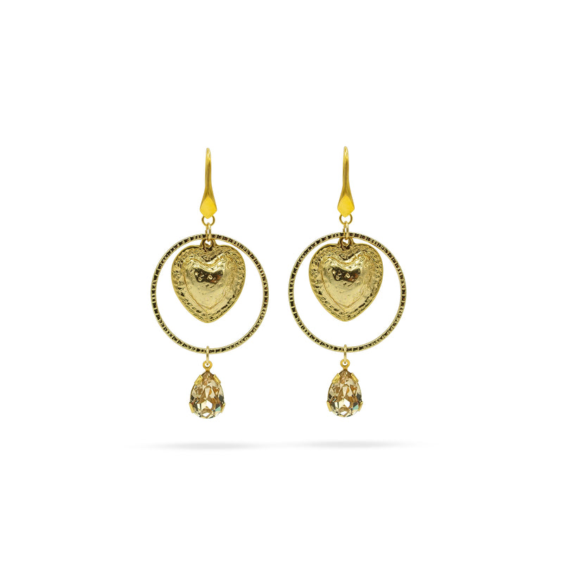 Luxury gold‑tone heart‑shaped HÉRITAGE earrings with sculptural contours and a luminous crystal drop — quiet radiance, modern artistic elegance, intimate poetic presence; perfect for refined occasions, evening looks, gallery events, and elevated daytime style; handcrafted one‑of‑a‑kind jewelry by SILDARE Jewelry