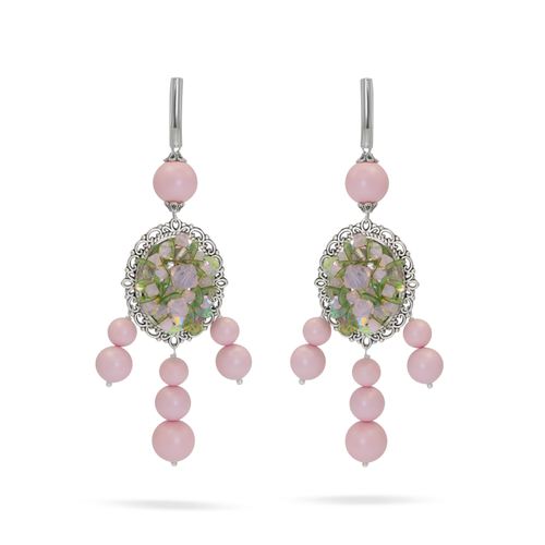 Luxury pink pearl drop earrings with green crystal accents — high‑precision Austrian pearls, handcrafted one‑of‑a‑kind jewelry by SILDARE Jewelry; perfect for weddings, evening events, bridal elegance, and refined classic old‑money style
