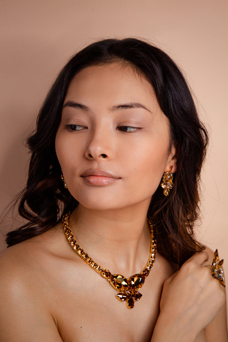 Luxury Smoked topaz 24‑carat gold‑plated crystal necklace with high‑precision Austrian crystals — perfect for weddings, evening events, bridal elegance, and refined classic old‑money style; handcrafted one‑of‑a‑kind jewelry by SILDARE Jewelry

