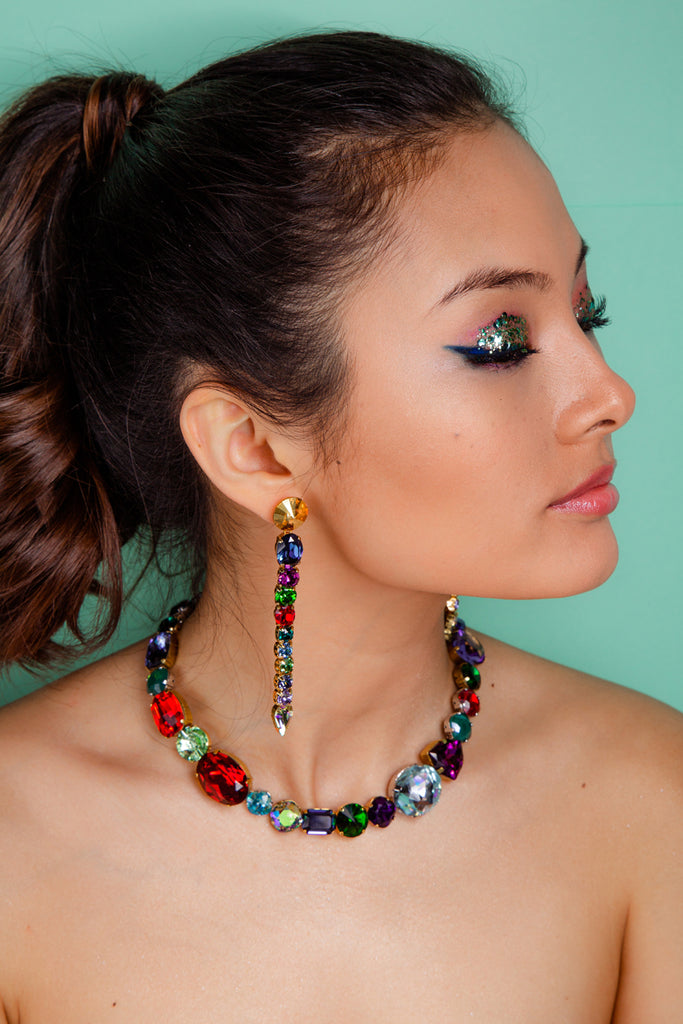 Bold floral statement earrings with multicolored Austrian crystals in green, red, blu, gold  tones, set in gold-plated base - Sildare Jewelry. Eye-catching and vibrant.