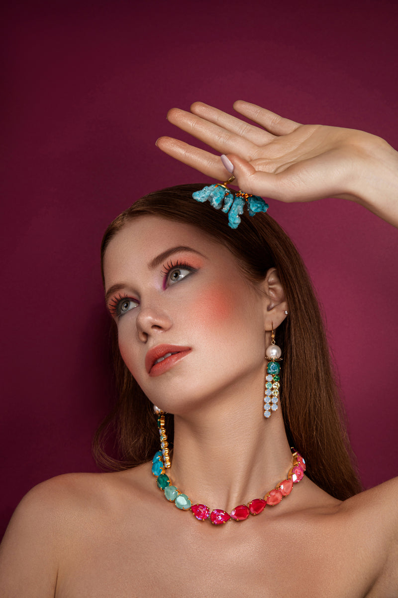 Bold floral statement earrings with Austrian crystals and pearls in green, white tone, set in gold-plated base - Sildare Jewelry. Eye-catching and vibrant.