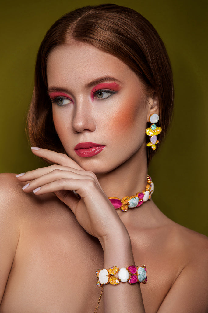 Luxury 24‑carat gold‑plated multicolor crystal statement bracelet with high‑precision Austrian crystals — minimalist sculptural design; handcrafted one‑of‑a‑kind jewelry by SILDARE Jewelry, vibrant statement bracelet for refined feminine style