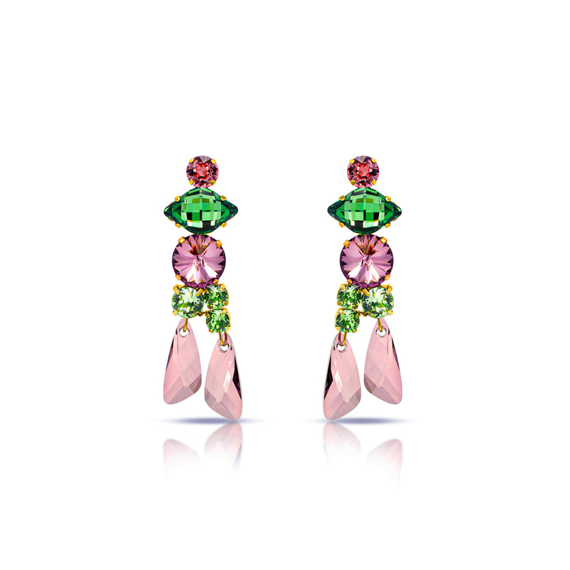 Bold floral statement earrings with multicolored Austrian crystals in green, pink tones, set in gold-plated base - Sildare Jewelry. Eye-catching and vibrant.