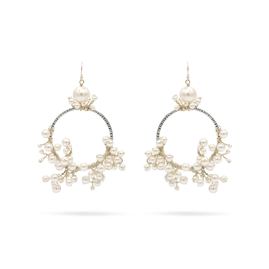 White pearl big wedding earrings