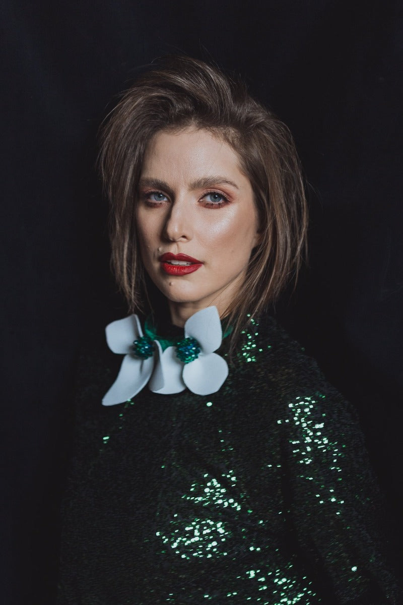 white flower green swarovski crystal velvet headband