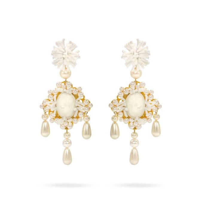 White Austrian pearls Gold plated statement luxury fashion art classic earrings