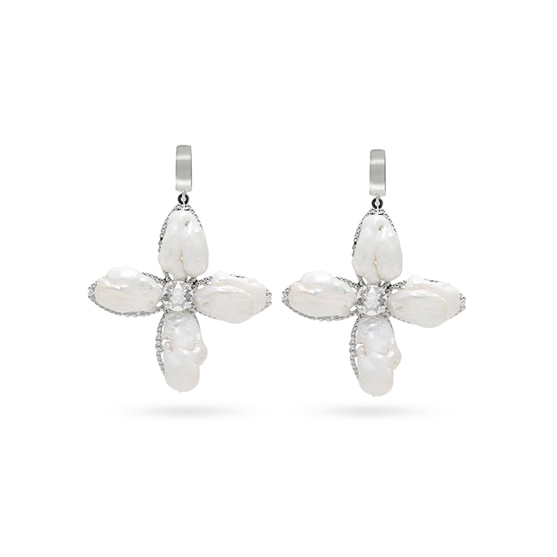 White baroque pearl Swarovski crystal luxury high statement silver tone earrings by SILDAREjewelry