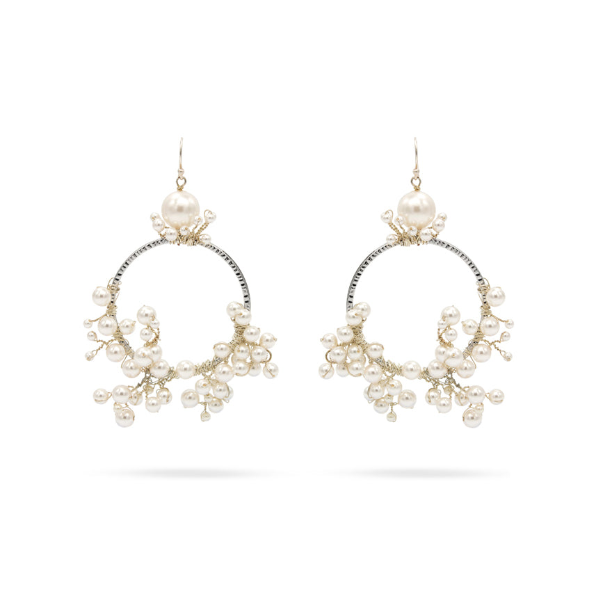 White pearl big wedding dangle earrings