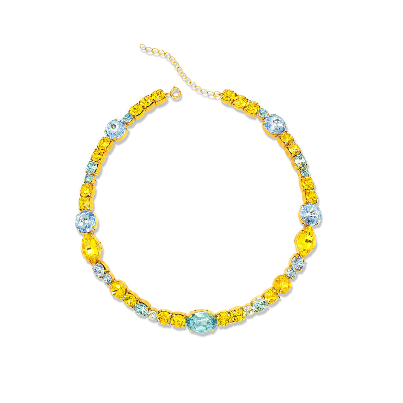 Luxury 24‑carat gold‑plated colorful crystal statement necklace with high‑precision Austrian crystals — minimalist sculptural design; handcrafted one‑of‑a‑kind jewelry by SILDARE Jewelry, vibrant statement necklace for refined feminine style
