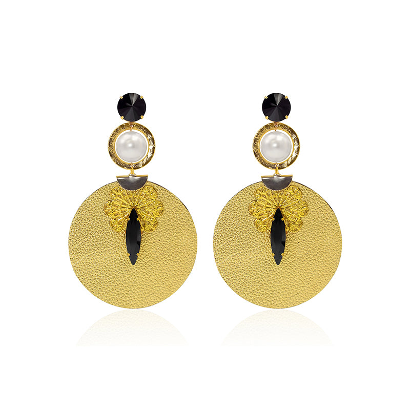 Gold colour circle big long pearl cristal leather fashion luxury fine earrings