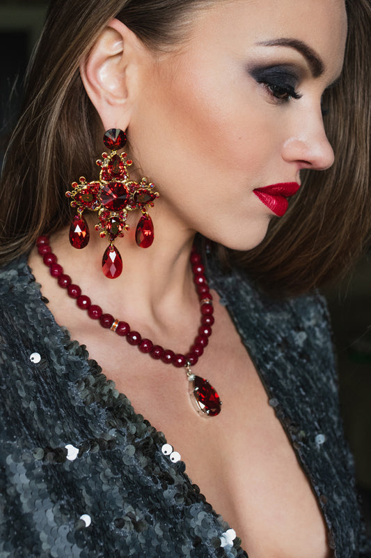 Scarlet red Swarovski crystals gold plated statement luxury big cross earrings handmade ootd