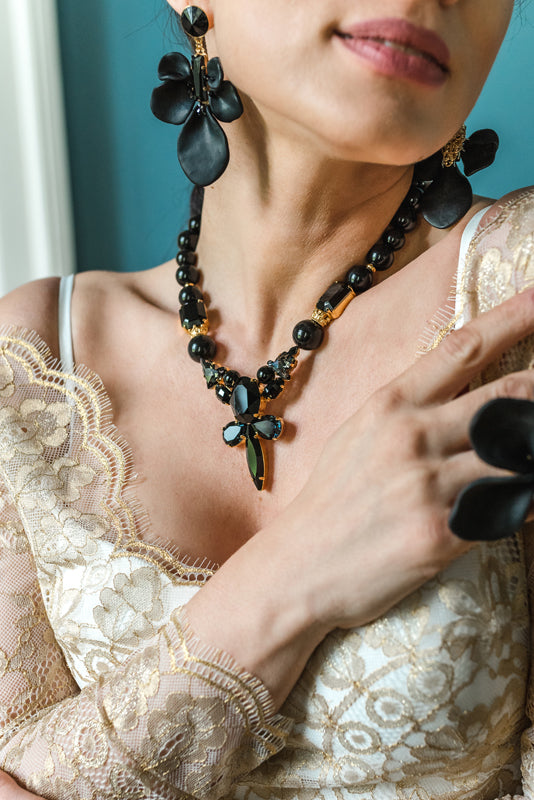 Black Swraovski crystals pearl gold plated statement luxury fine handmade ootd necklace earrings  