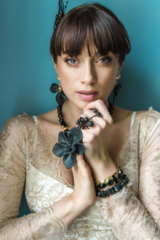 Black tourmaline gemstone bracelet earrings