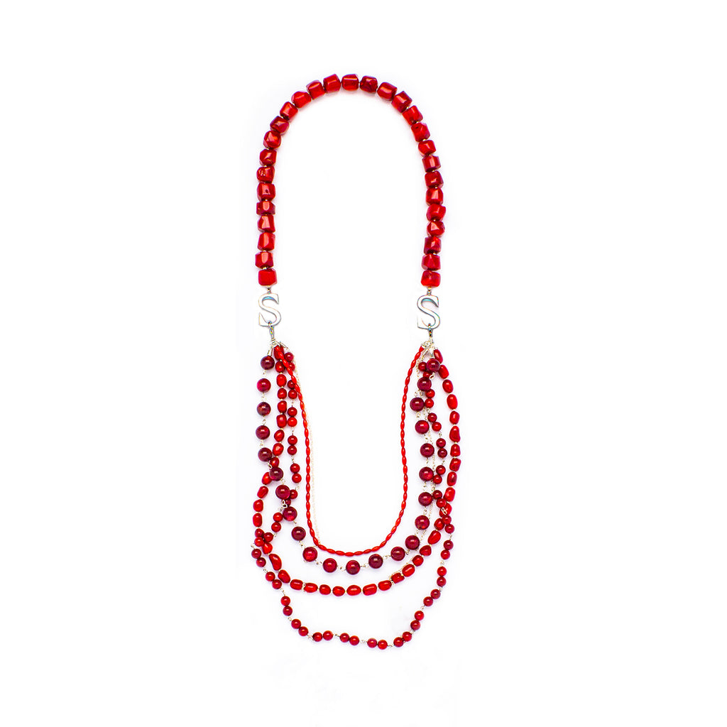 red corals silver long fashion necklace