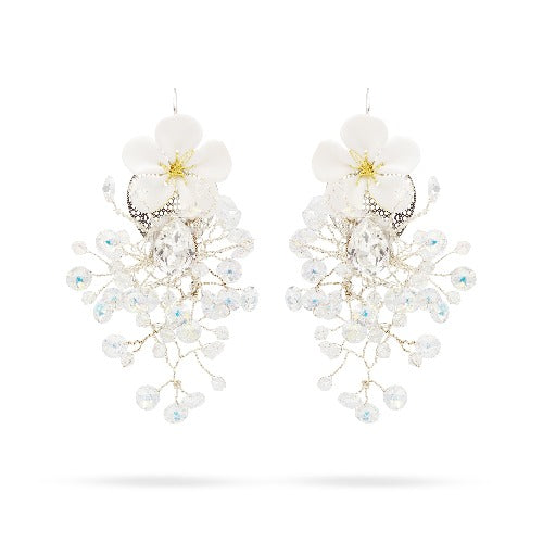 Elegant bridal statement earrings with clear Austrian crystals in floral design, silver finish. Perfect for weddings or formal occasions - Sildare Jewelry