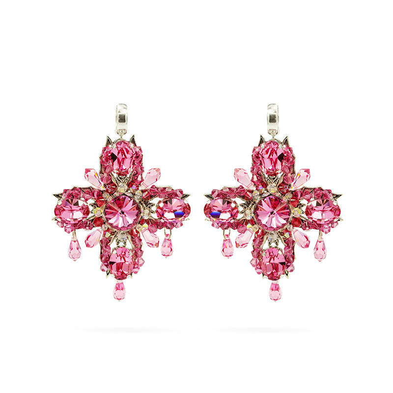 Pink Swarovski crystals silver statement luxury big cross earrings handmade ootd